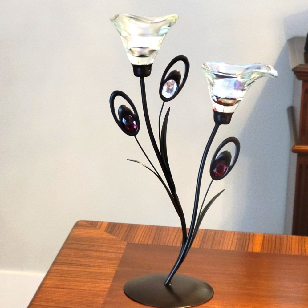 Elegant Metal and Glass Flower Candle Holder